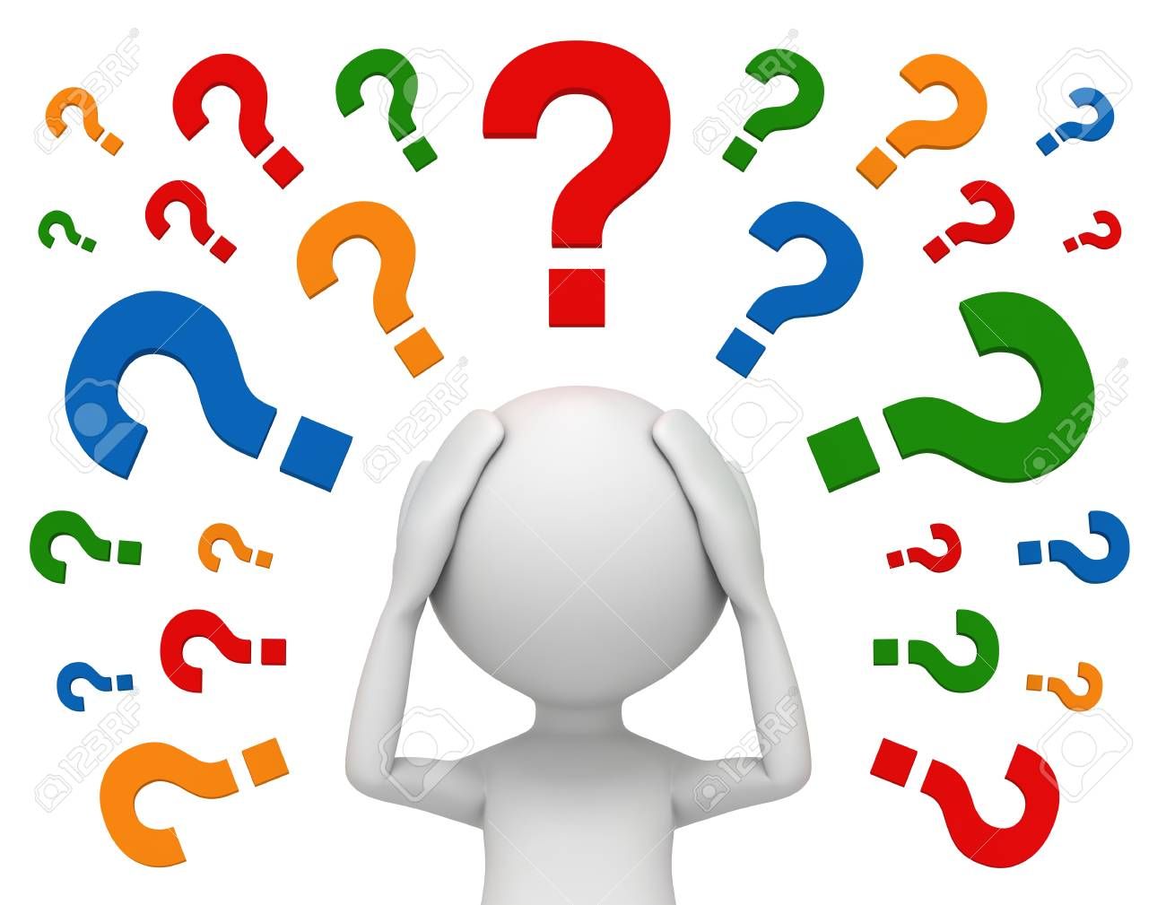 worried man and question marks 3d illustration