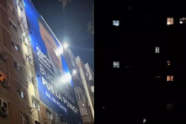 Bucureștenii, revoltați de banii pompați în campanie. Afișul cu Ciucu, luminat puternic, în spatele blocului, beznă